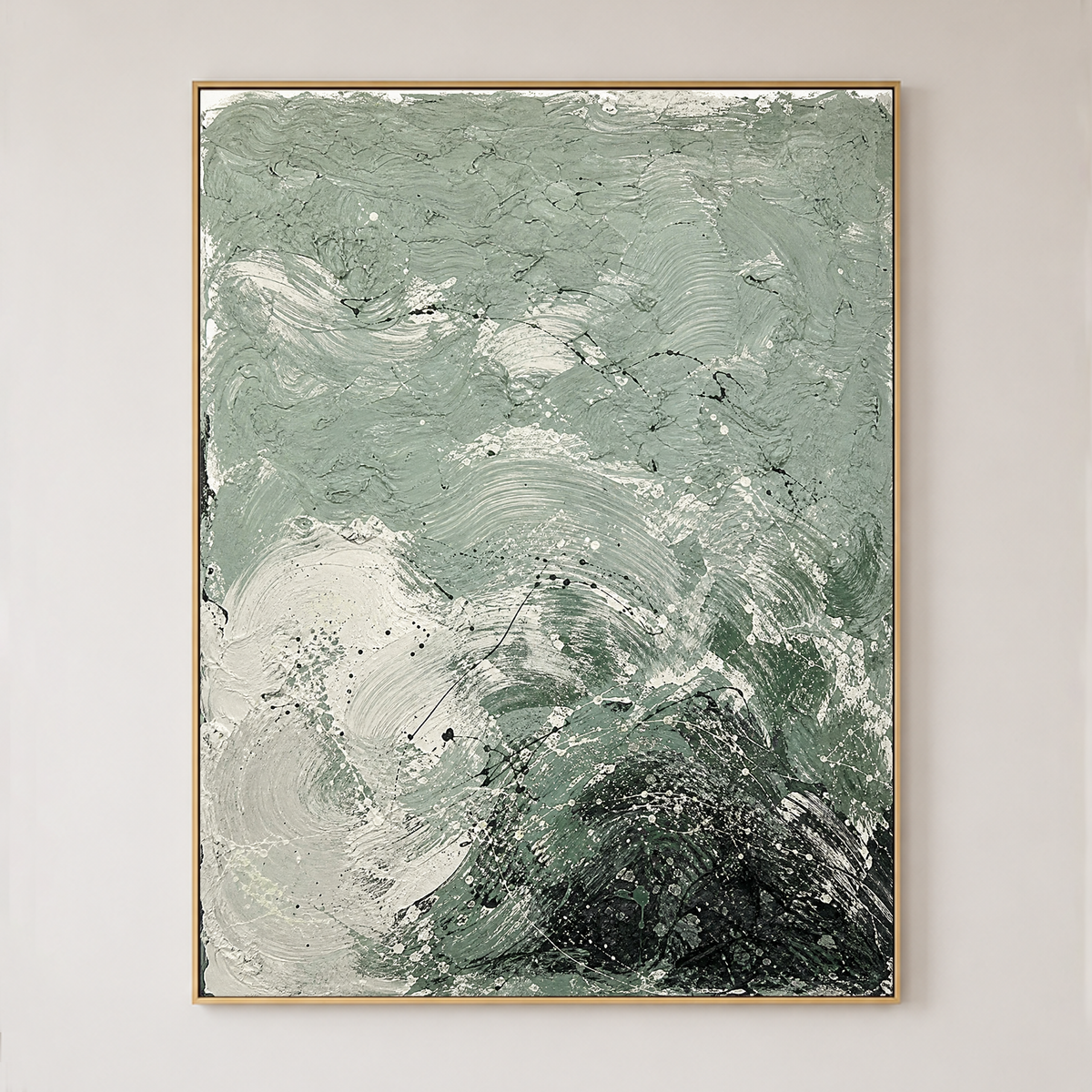 Abstract Textured Sage Green, Black, And Off-White Acrylic-Style Vertical Wall Art for Dining Room or Living Room