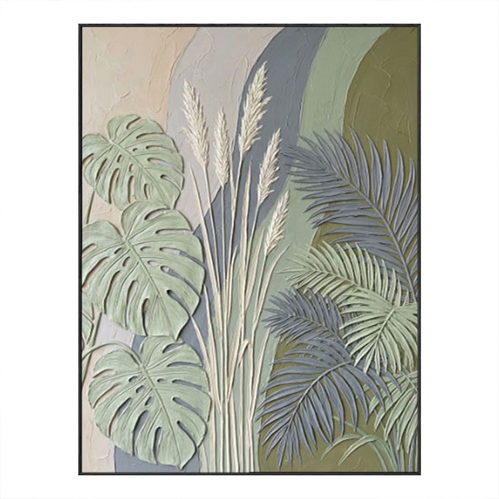 Elegant Tropical Botanical Textured 3D Relief Wall Art Featuring Monstera Palm Fronds Pampas Grass Muted Sage Olive Green Beige Medium Grey Curved Background Living Room Bedroom Dining Hallway Office Modern Nature Inspired Decor Piece