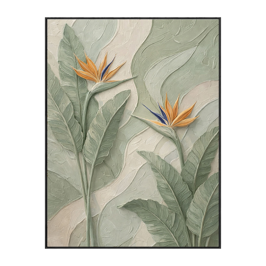 3D Bird of Paradise Flower Textured Plaster Wall Art, Tropical Green and Orange Relief Painting, Modern Nature Inspired Wall Decor for Living Room Bedroom Office Dining Hallway, Muted Neutral Base with Bold Tropical Accents