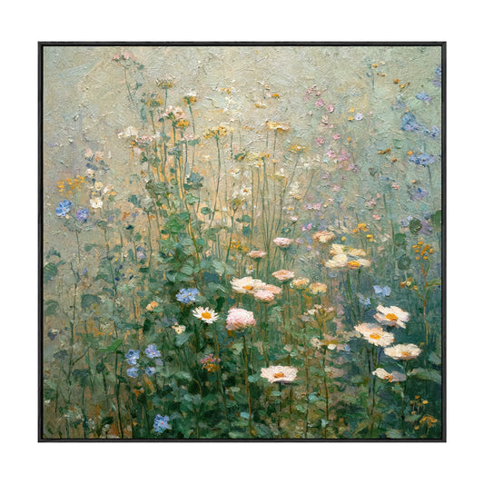 Vintage Textured Impasto Wildflower Meadow Landscape Wall Art Soft Muted Green White Pink Yellow Floral Painting for Living Room Bedroom Office Hallway Dining Room Decor