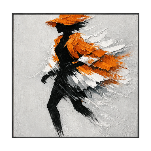 Modern Framed Black Silhouette Woman Portrait Wall Art with Thick Orange White Light Grey Impasto Brush Strokes, Elegant Abstract Textured Painting for Home Decor, Living Room Bedroom Office Accent Piece, Handcrafted 3D-Like Effect
