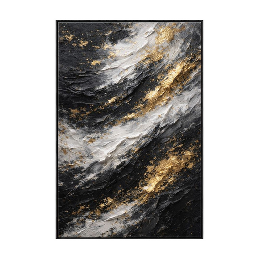 Modern Abstract Black White Gold Thick Impasto Textured Wall Art, Luxury Contemporary Dark Light Contrast Canvas Artwork, Minimalist Yet Glam Living Room Bedroom Office Dining Hallway Decor Painting