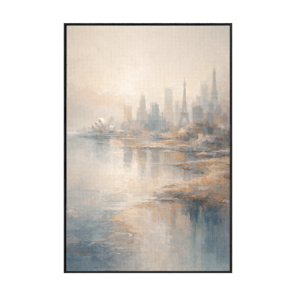 Soft Muted Vintage Textured Global Iconic City Skyline Wall Art, Framed Canvas Coastal & Urban Water Reflection Artwork with Neutral Blue, Beige, White & Brown Tones for Calm Home & Office Spaces Including Living Room, Bedroom, Dining Room, Hallway