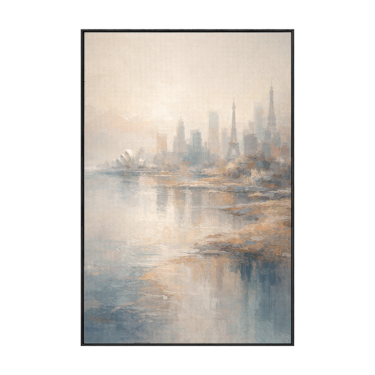 Soft Muted Vintage Textured Global Iconic City Skyline Wall Art, Framed Canvas Coastal & Urban Water Reflection Artwork with Neutral Blue, Beige, White & Brown Tones for Calm Home & Office Spaces Including Living Room, Bedroom, Dining Room, Hallway