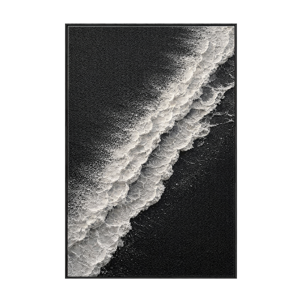 Black and White Abstract Ocean Wave Textured Wall Art, Minimalist Monochrome 3D Wave Texture Canvas Artwork for Modern Home Decor, Framed Coastal Inspired Black White Plaster Wall Art for Living Room Bedroom Office