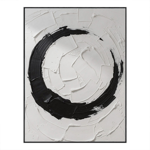 Minimalist Black and White Abstract Circular Impasto Wall Art, Bold Textured Brushstrokes Thick Paint Stacking Knife Marks Modern Geometric Line Decor for Contemporary Spaces