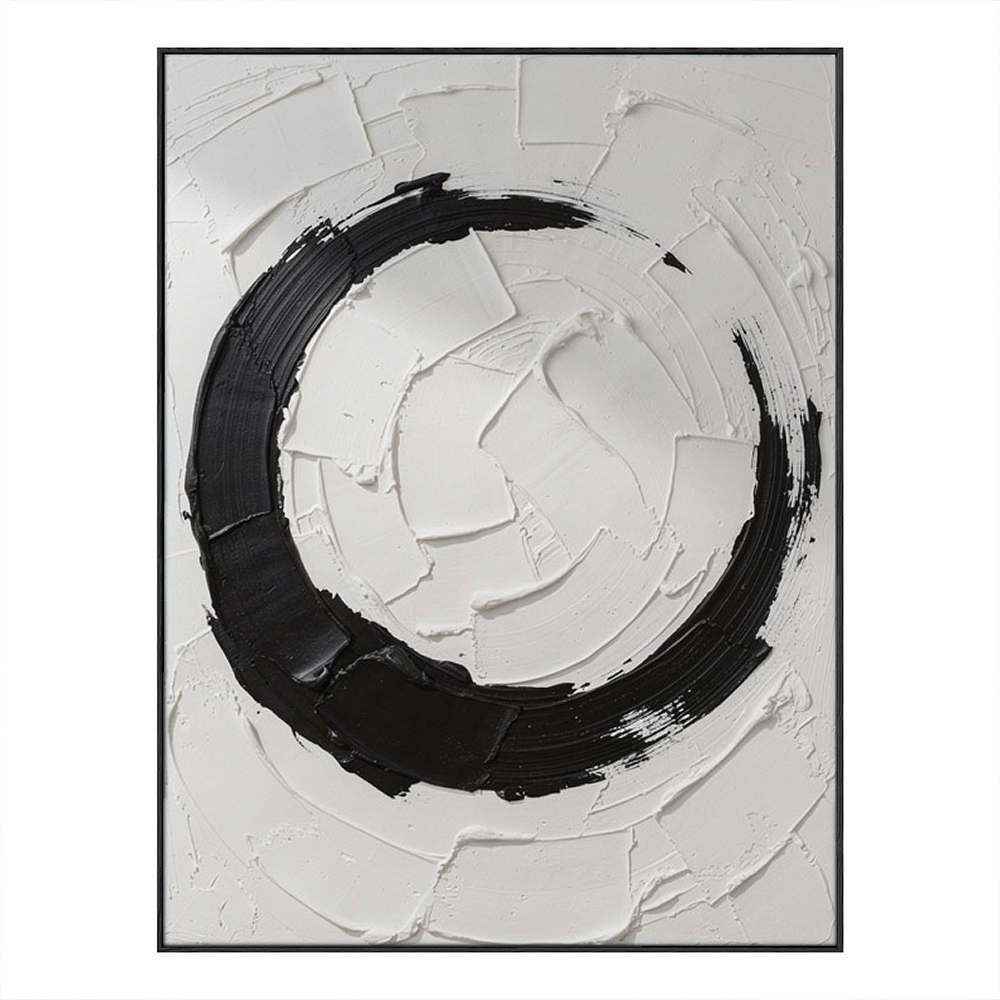 Minimalist Black and White Abstract Circular Impasto Wall Art, Bold Textured Brushstrokes Thick Paint Stacking Knife Marks Modern Geometric Line Decor for Contemporary Spaces