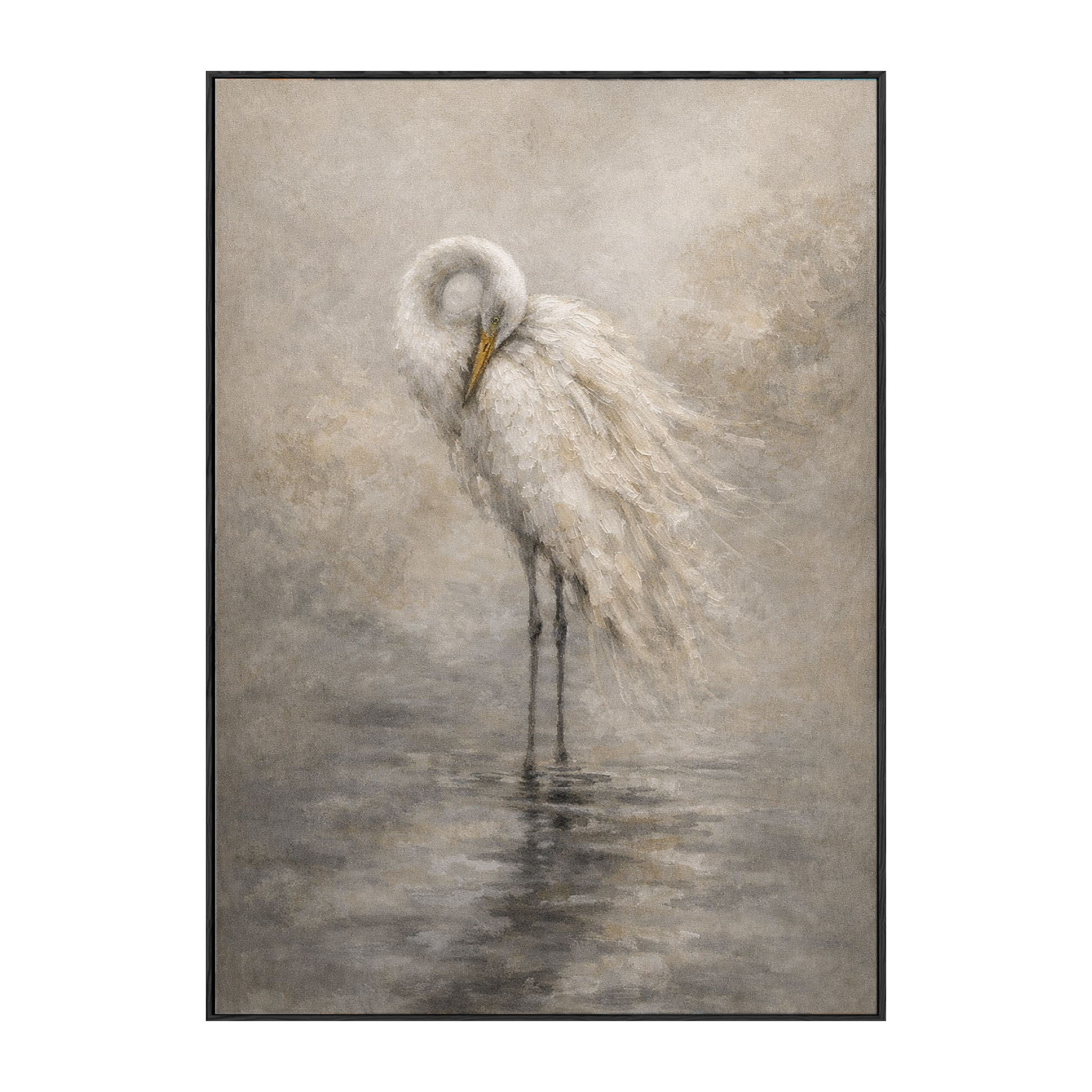 Vintage Muted White Egret Standing in Water Textured Wall Art Neutral Coastal Nature Animal Painting for Bedroom Living Room Dining Room Office Hallway