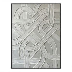 Modern Minimalist Abstract White and Medium Grey Curved & Straight Line Textured Relief Wall Art for Contemporary Home & Office Decor