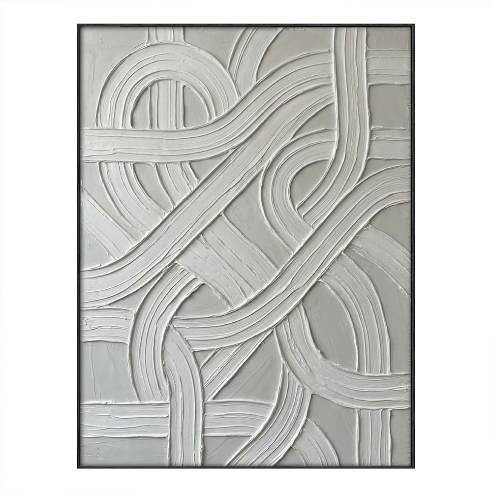 Modern Minimalist Abstract White and Medium Grey Curved & Straight Line Textured Relief Wall Art for Contemporary Home & Office Decor