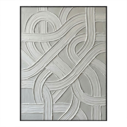 Modern Minimalist Abstract White and Medium Grey Curved & Straight Line Textured Relief Wall Art for Contemporary Home & Office Decor