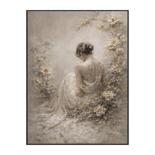 Vintage Soft Muted Woman Back Portrait with White and Gold Floral Framing Elegant Textured Canvas Wall Art for Serene Home Spaces