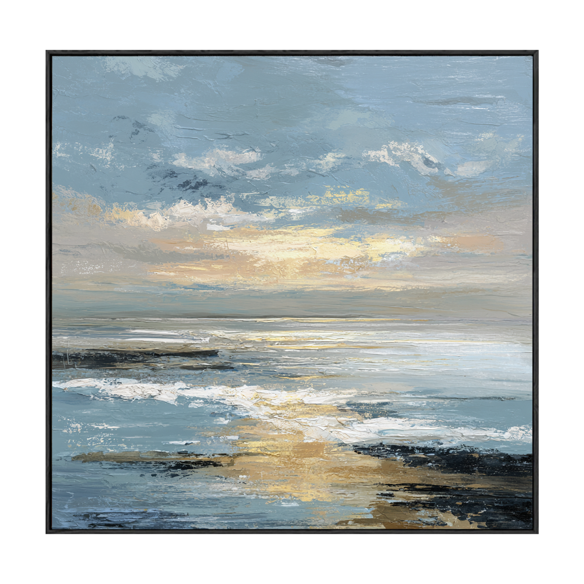 Textured Impasto Coastal Sunset Blue Gold Black White Wall Art Framed Abstract Ocean Sky Seascape for Living Room Bedroom Dining Room Office Hallway Modern Home Decor