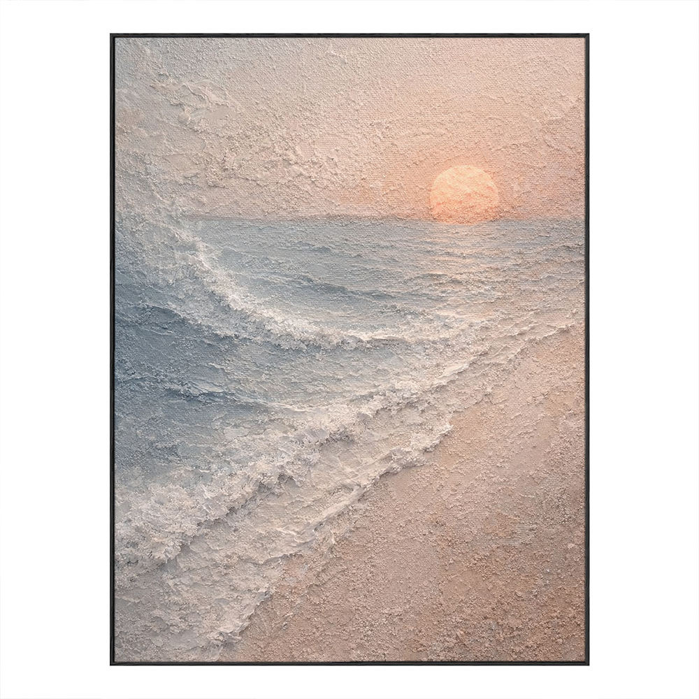 Textured Ocean Sunset Coastal Wall Art, Thick Impasto Painting for Modern Home Decor, Calm Beach Landscape with Beige Sand Blue Ocean White Waves and Soft Orange Sun, Warm Minimalist Coastal Artwork