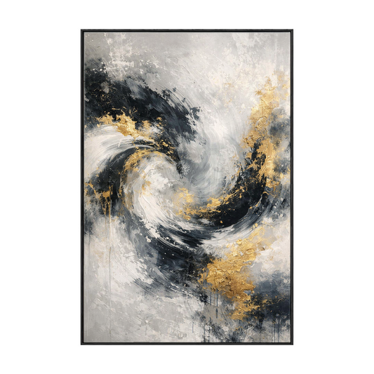 Luxury Black White Gold & Light Grey Abstract Textured Wall Art - Modern Swirling Metallic Impasto Canvas Artwork with Bold Knife/Brush Marks for Contemporary Home Decor, Office, Living Room, Bedroom, Dining Room & Hallway