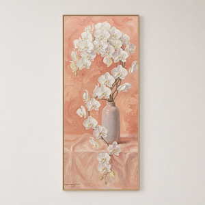 Elegant White Orchid Flower in Soft Light Grey Vase on Blush Pink Textured Background Framed Canvas Wall Art - Botanical Still Life Painting with Thick Impasto Brushstrokes for Modern Minimalist Living Room Bedroom Office Home Decor