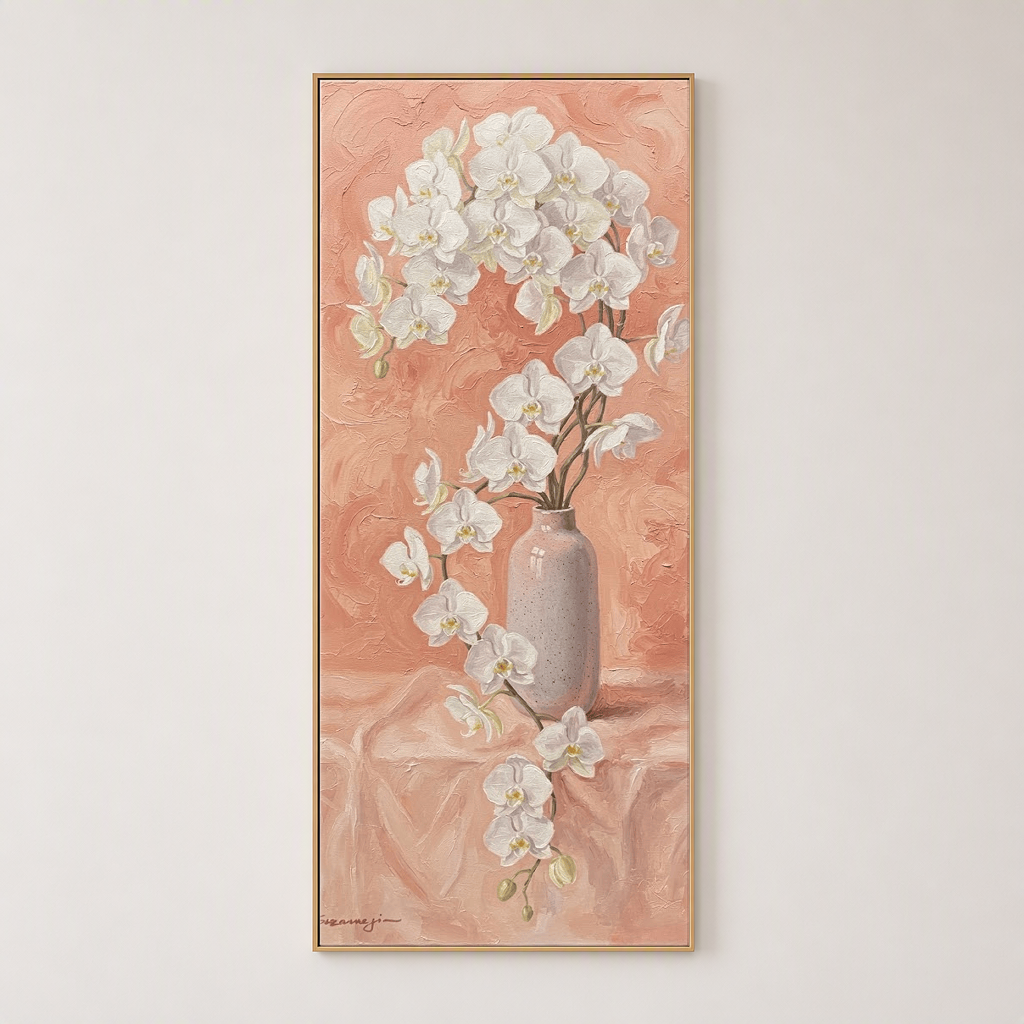 Elegant White Orchid Flower in Soft Light Grey Vase on Blush Pink Textured Background Framed Canvas Wall Art - Botanical Still Life Painting with Thick Impasto Brushstrokes for Modern Minimalist Living Room Bedroom Office Home Decor