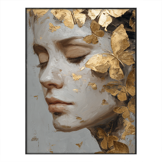 Elegant Textured Gold Butterfly Accented Woman Portrait Wall Art – Vintage Muted Style for Contemporary Home Decor, Thick Impasto Brushstrokes, Ideal Statement Piece for Living Room Bedroom Dining Room Office Hallway