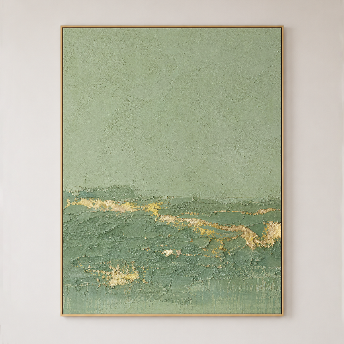 Textured Abstract Sage Green And Gold Vertical Acrylic-Style Wall Art For Living Room
