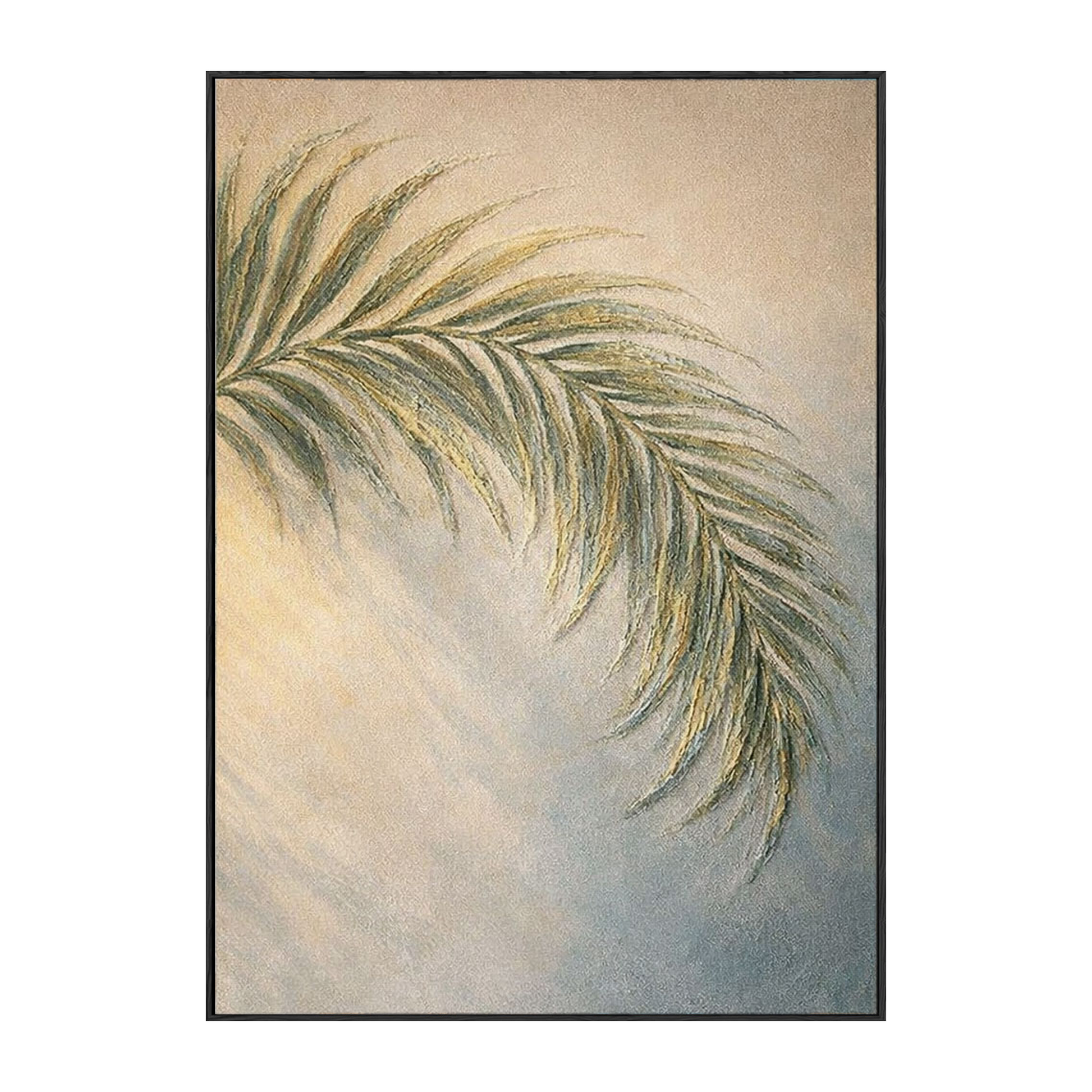 Minimalist Soft Muted Green Beige Palm Leaf Textured Framed Canvas Wall Art for Tranquil Home Decor