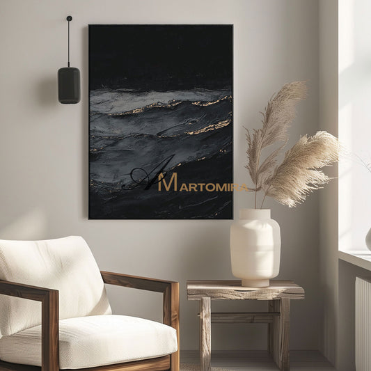 Black Textured Art | Ocean Wall Art | Abstract Wave Painting | Large Abstract Landscape Wall Art #POS060
