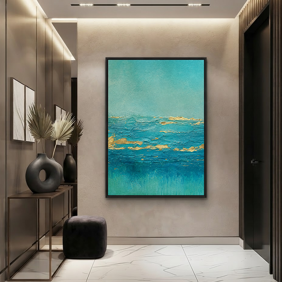 Teal Turquoise Gold Abstract Textured Acrylic Style Vertical Wall Art for Living Room