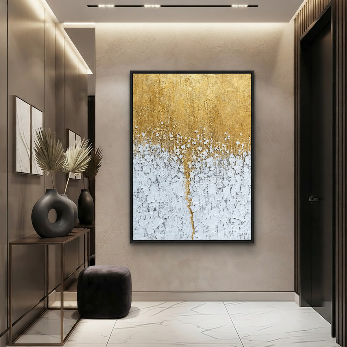 Gold And White Textured Abstract Vertical Wall Art For Living Room