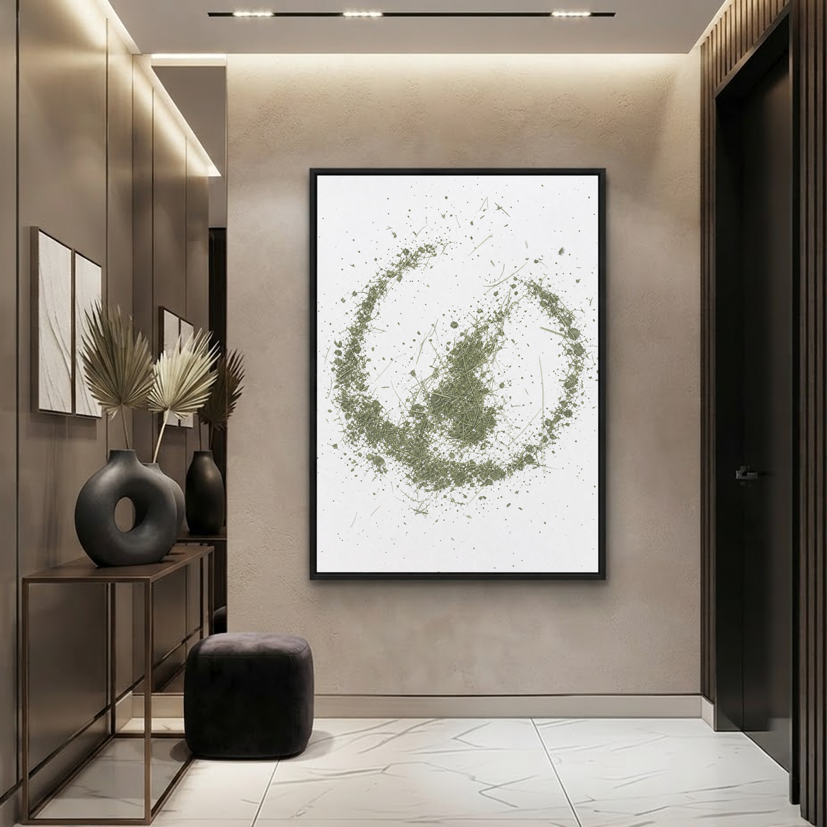 Abstract Minimalist Green and White Textured Vertical Wall Art for Living Room