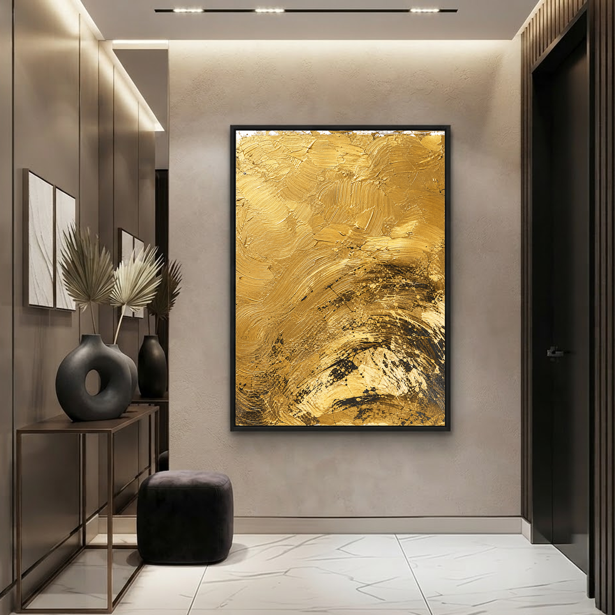 Abstract Gold and Black Textured Acrylic-Style Vertical Wall Art for Living Room