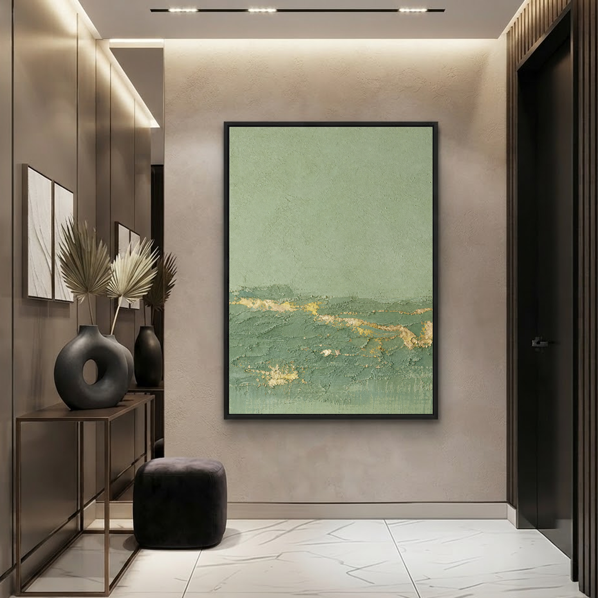 Textured Abstract Sage Green And Gold Vertical Acrylic-Style Wall Art For Living Room
