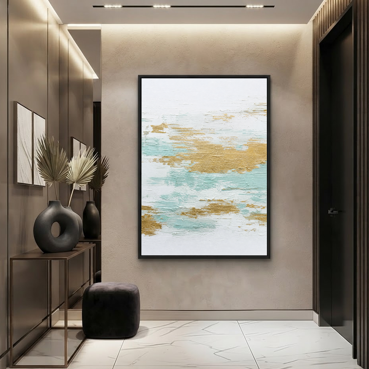 Textured Abstract White Gold Light Teal Vertical Acrylic-Style Wall Art for Living Room