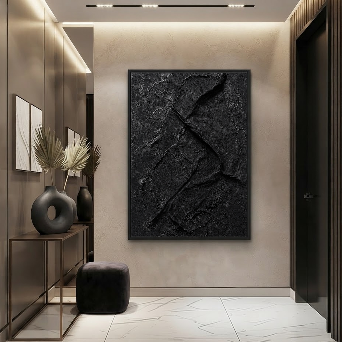 Abstract Black Textured 3D Relief Vertical Wall Art for Living Room