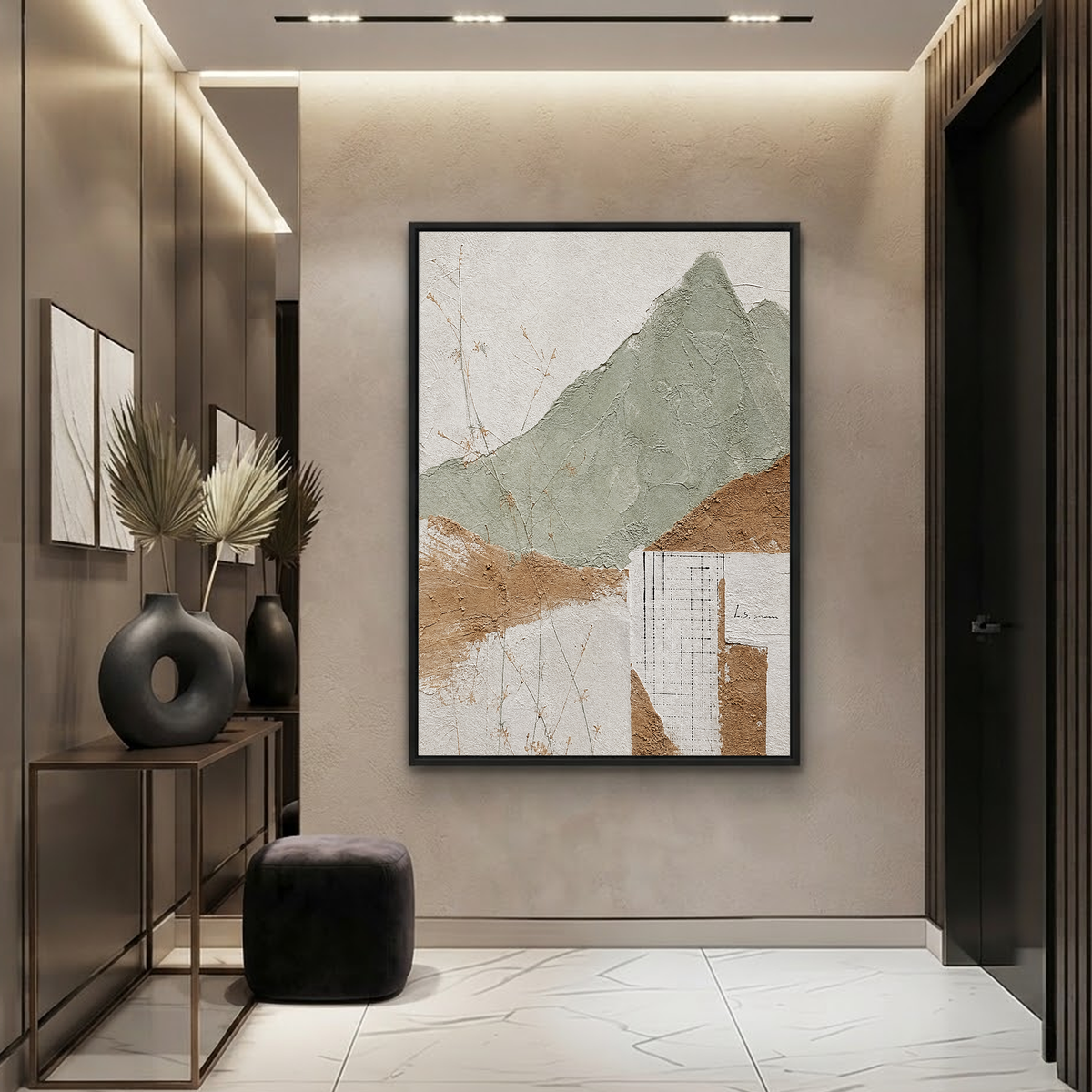 Abstract Sage Green Terracotta Off White Textured Acrylic-style Vertical Landscape Wall Art for Living Room