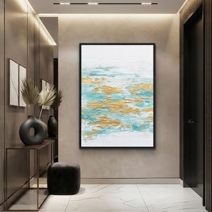 Abstract Turquoise White Gold Textured Contemporary Vertical Wall Art for Living Room
