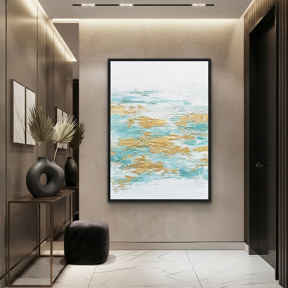 Abstract Turquoise White Gold Textured Contemporary Vertical Wall Art for Living Room