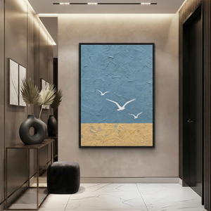 Abstract Blue Beige Vertical Textured Acrylic-Style Ocean And Sky Wall Art For Living Room