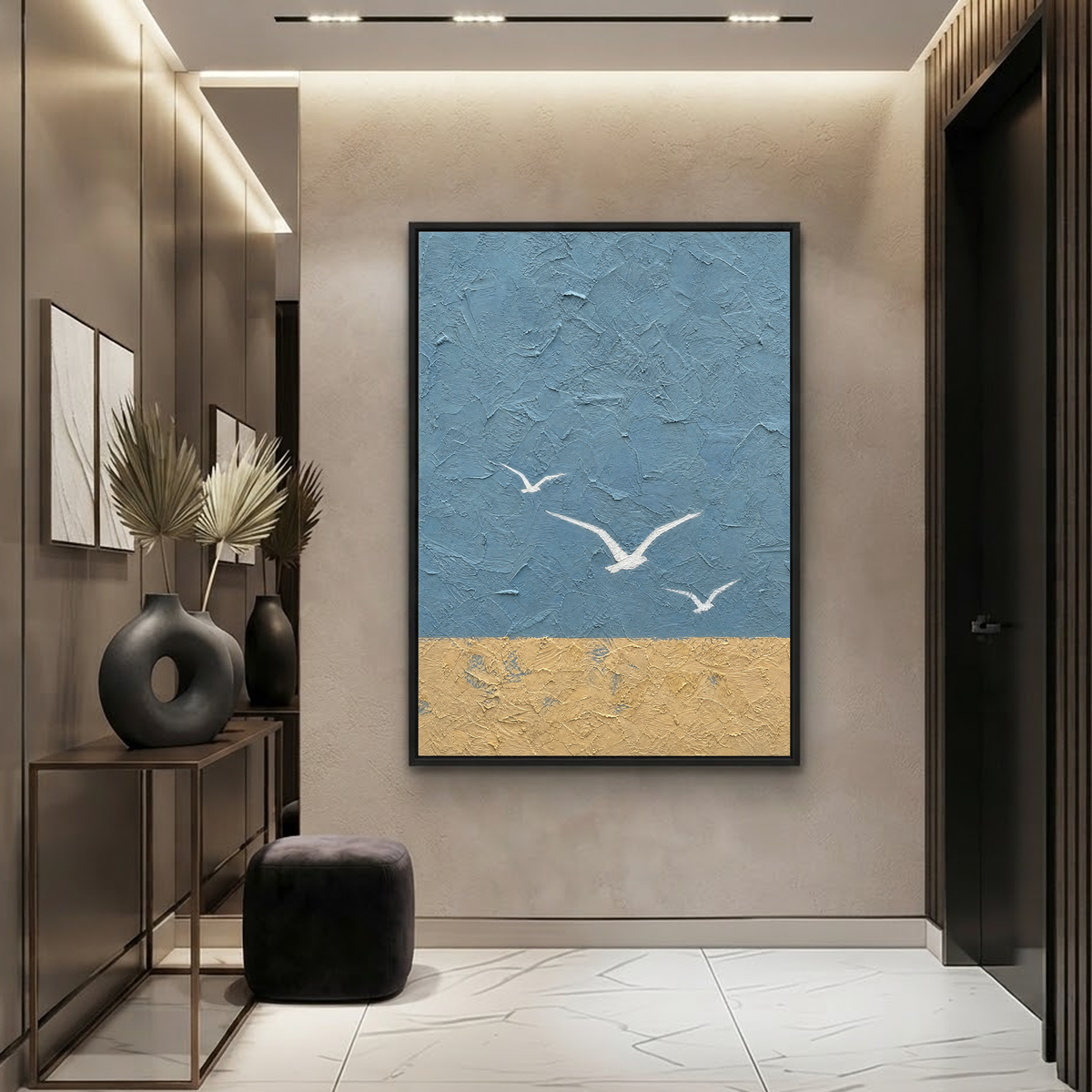 Abstract Blue Beige Vertical Textured Acrylic-Style Ocean And Sky Wall Art For Living Room