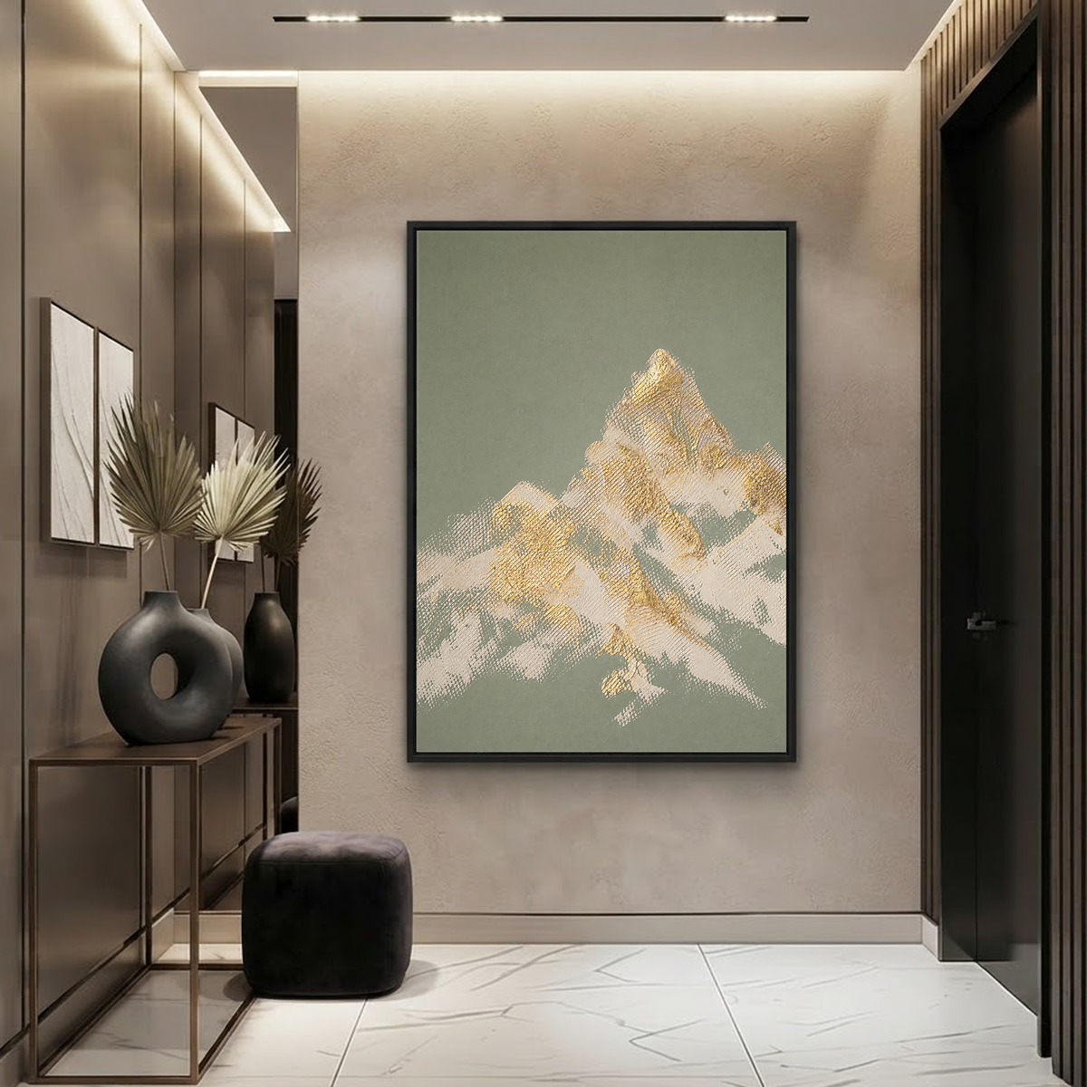Abstract Textured Sage Green Gold Beige Landscape Vertical Wall Art for Living Room