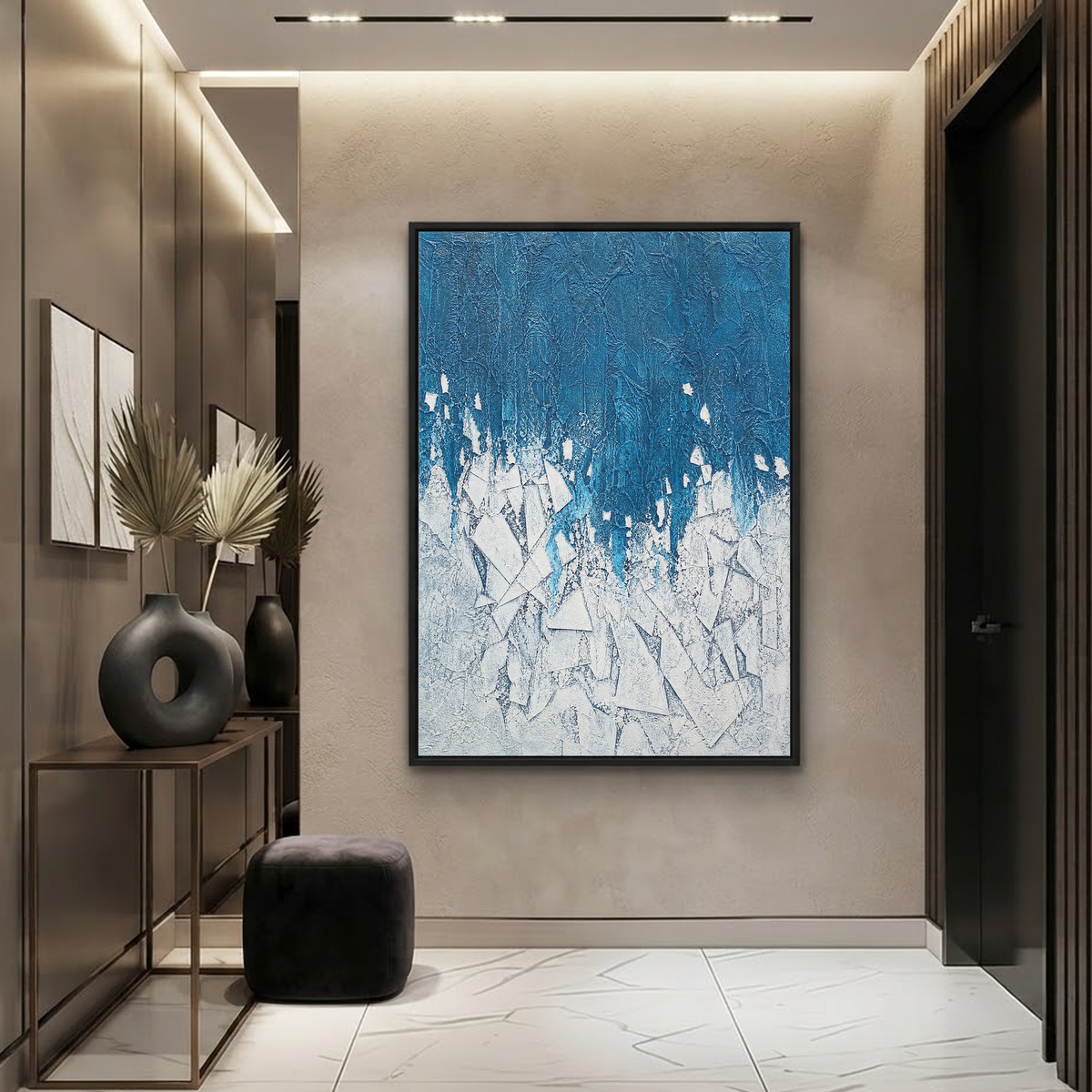 Abstract Geometry And Lines Blue White Textured Plaster-Style Vertical Wall Art For Living Room