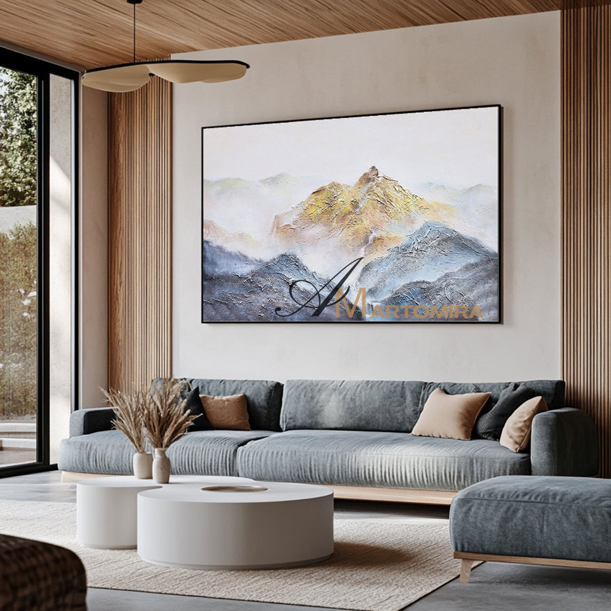 Abstract Landscape Art | Blue And Gold Wall Art | Mountains Painting | Paintings For Living Room #DF014