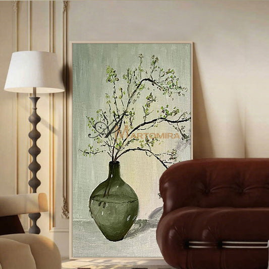 Large Wall Art | Green Abstract Painting | Vase And Flowers Painting | Wall Decorations #MF012