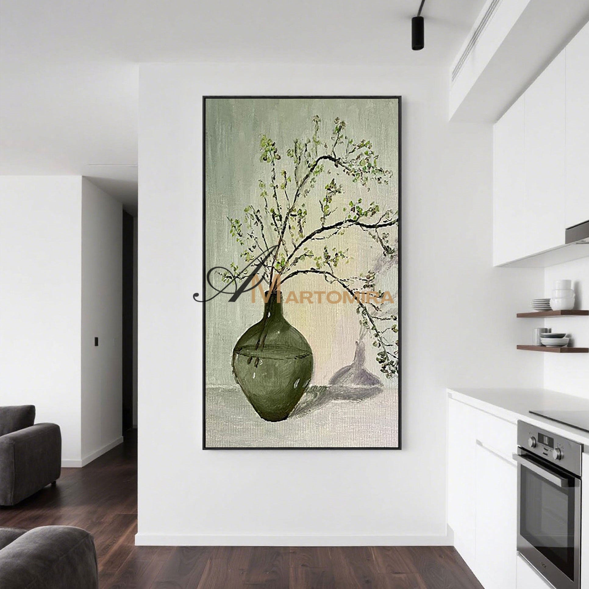 Large Wall Art | Green Abstract Painting | Vase And Flowers Painting | Wall Decorations #MF012