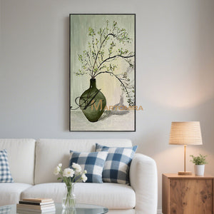 Large Wall Art | Green Abstract Painting | Vase And Flowers Painting | Wall Decorations #MF012