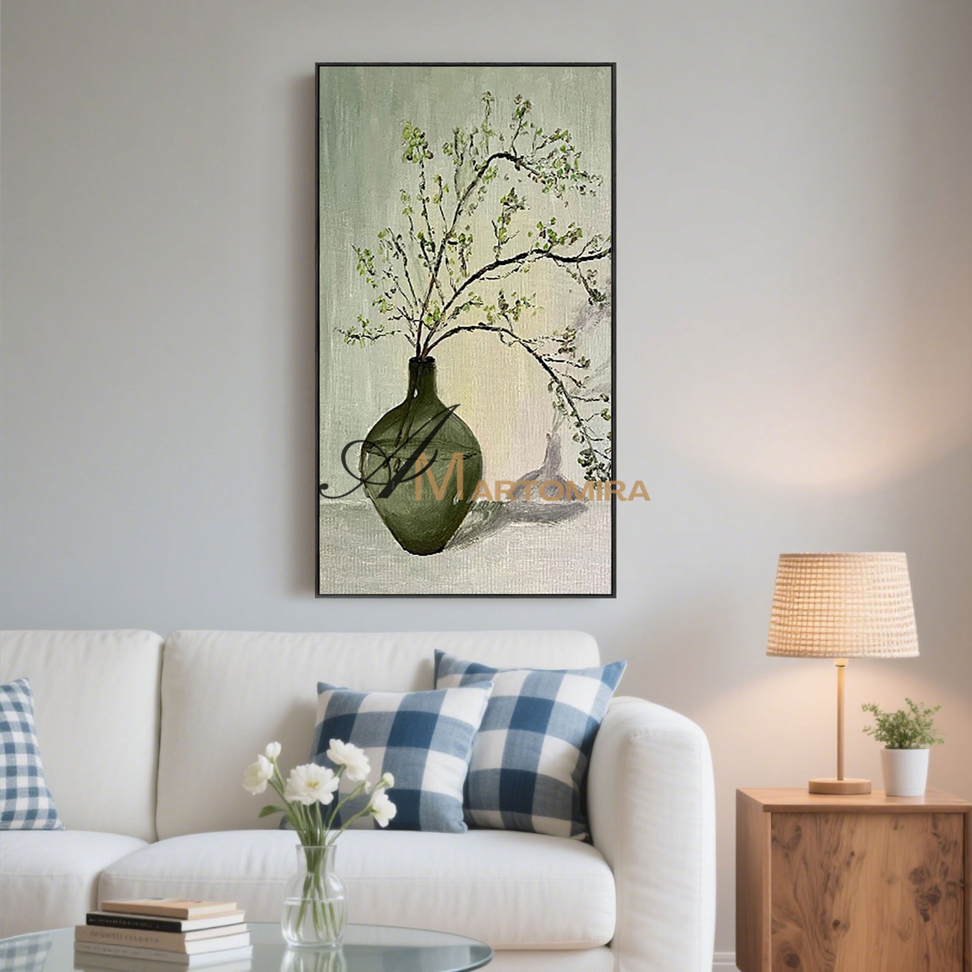 Large Wall Art | Green Abstract Painting | Vase And Flowers Painting | Wall Decorations #MF012