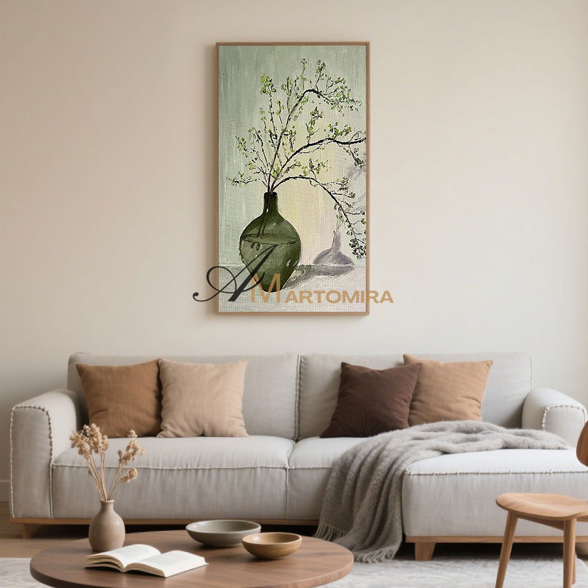 Large Wall Art | Green Abstract Painting | Vase And Flowers Painting | Wall Decorations #MF012