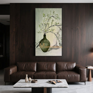 Large Wall Art | Green Abstract Painting | Vase And Flowers Painting | Wall Decorations #MF012