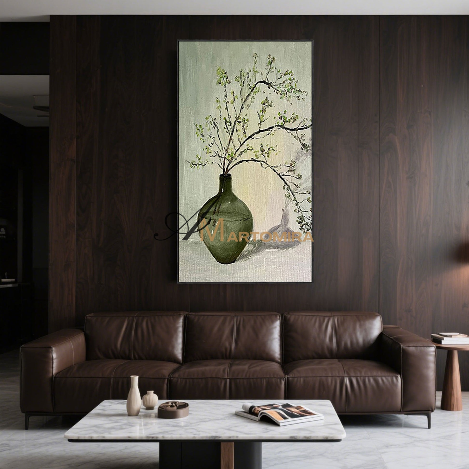 Large Wall Art | Green Abstract Painting | Vase And Flowers Painting | Wall Decorations #MF012