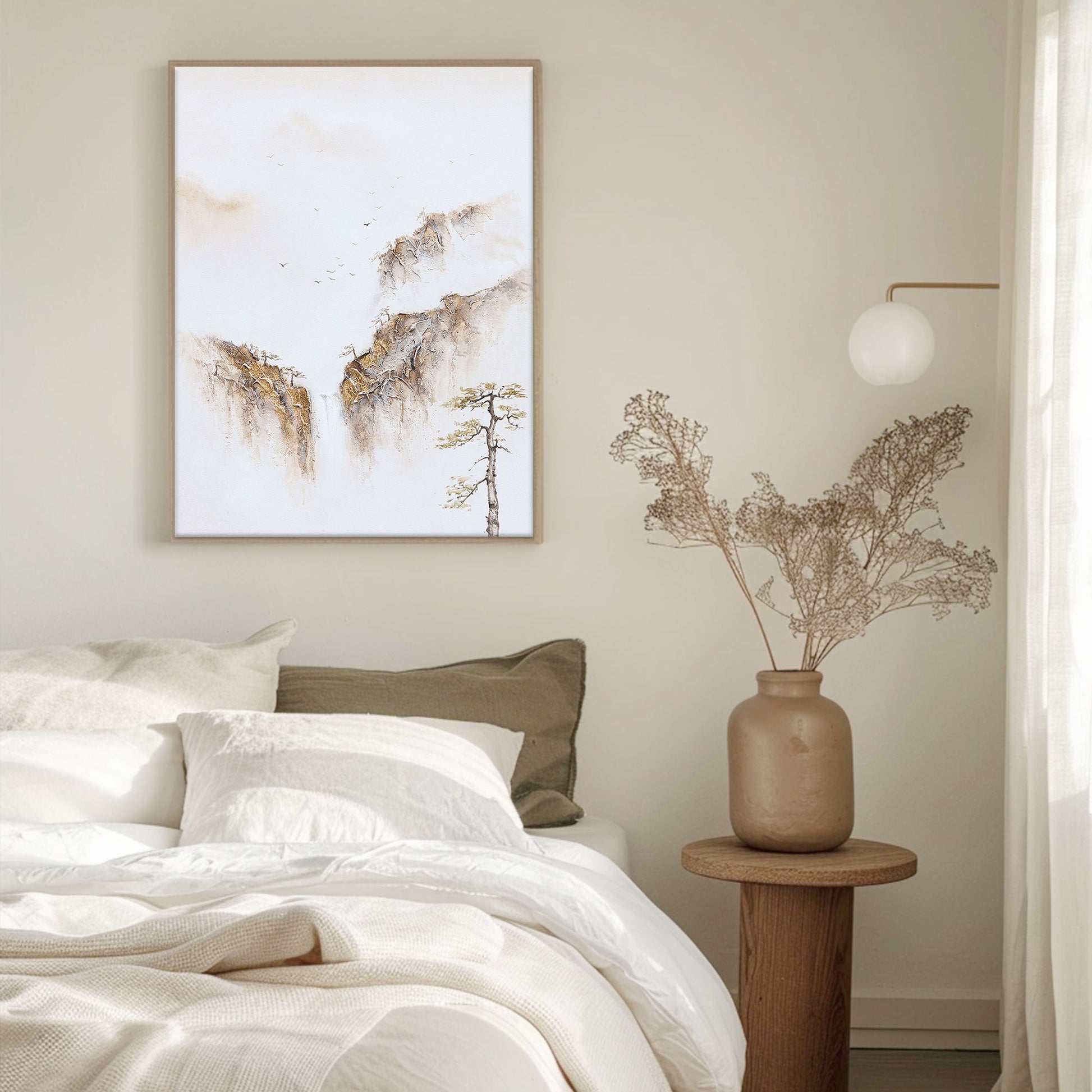 Painting Of The Mountains | Gold White Wall Art | Minimalist Abstract Art | Wabi Sabi Art #DF008