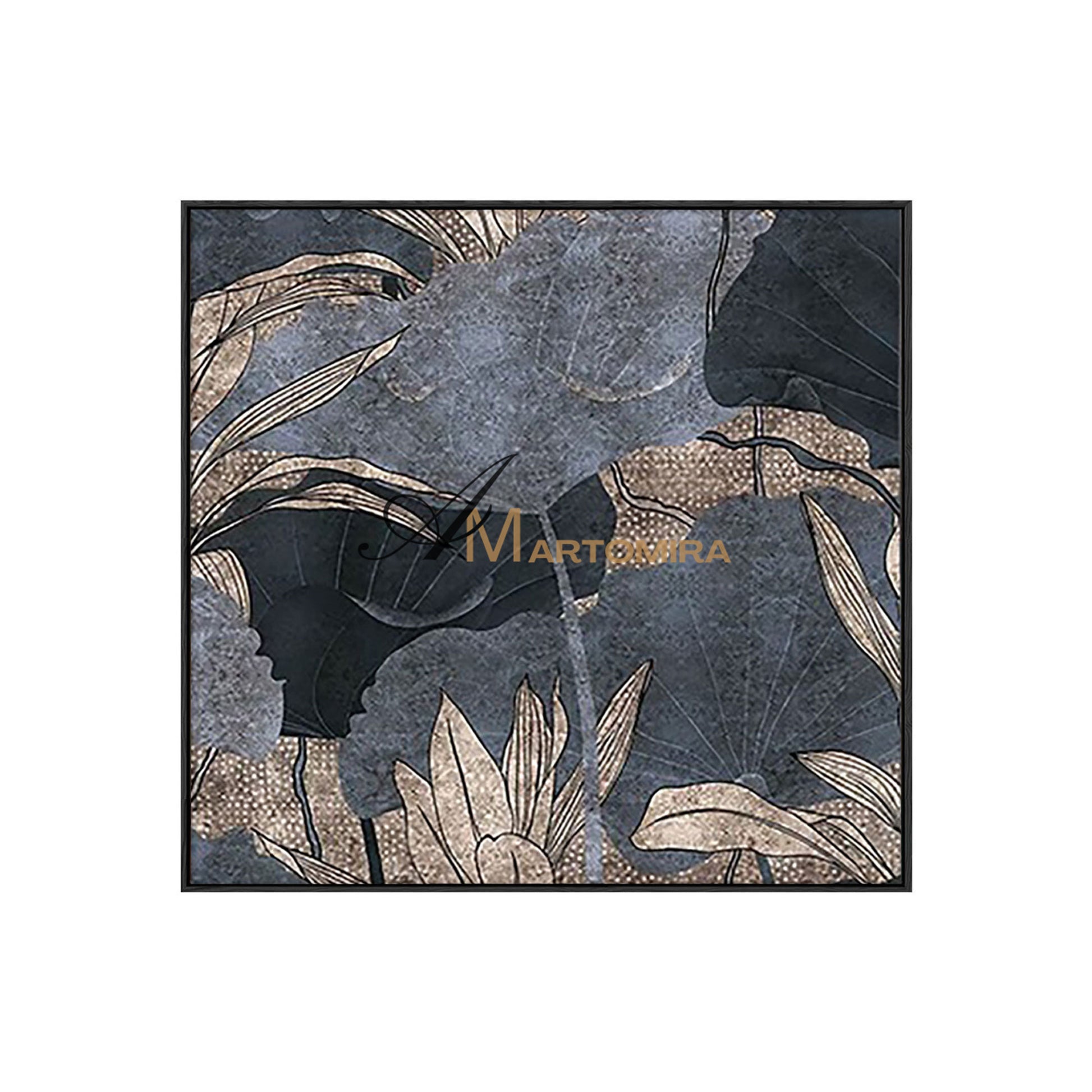 Floral Wall Art | Blue And Gold Abstract Paintings | Lotus Flower Painting | Large Acrylic Paint #MF014