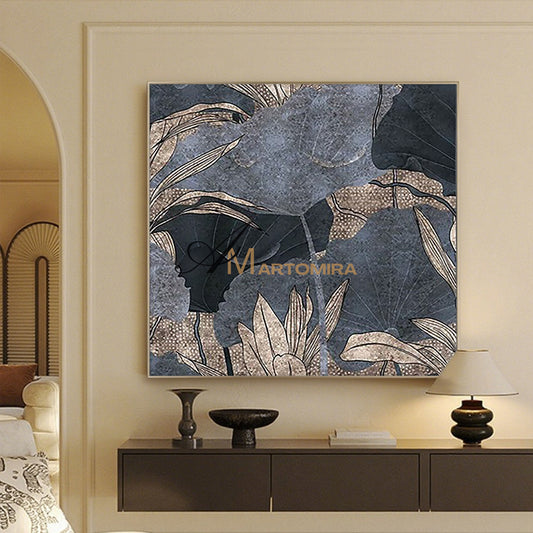 Floral Wall Art | Blue And Gold Abstract Paintings | Lotus Flower Painting | Large Acrylic Paint #MF014